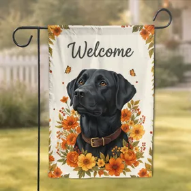 Black Labrador Welcome Sign Autumn Flowers - Home Decor Gift for Dog Lover Garden Flag