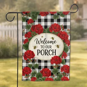 Welcome Porch Sign Geranium Flowers Bees - Farmhouse Home Decor Gift Garden Flag