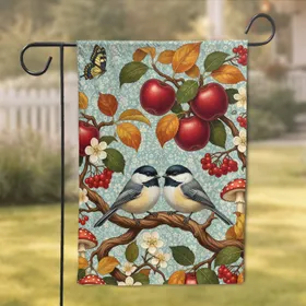 Chickadee Birds Apple Tree Autumn Foliage Berries Mushrooms Wildlife Lover Gift Garden Flag