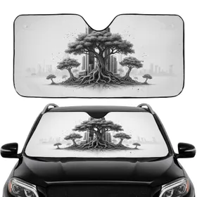 Stark Black White Ancient Trees Modern Cityscape - Auto Interior Upgrade Car Sunshade