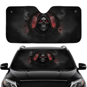 Menacing Grim Reaper Skull Barbed Wire Wreath Dark Flowers - Car Interior Upgrade Car Sunshade