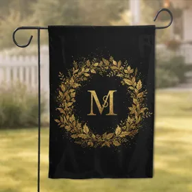 Stately Gold Foiled Capital Custom Letter Botanical Wreath Deep Black Background - Home Decor Gift Garden Flag