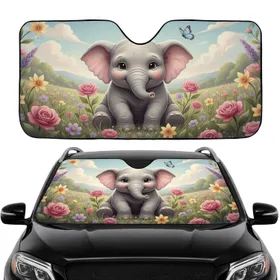 Baby Elephant Wildflower Butterfly Pastoral Landscape - Road Trip Gift Car Sunshade