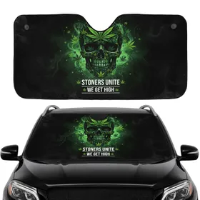 Stoners Unite Cannabis Leaf Skull - Road Trip Travel Essentials Gift for Stoners Car Sunshade