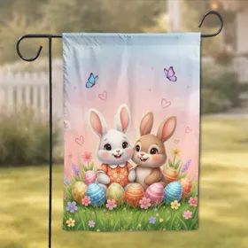 Fluffy Cartoon Bunnies Easter Eggs Spring Flowers - Easter Holiday Home Decor Garden Flag