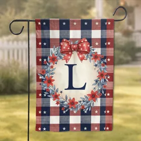 Custom Letter Star Wreath Red Bow Patriotic Plaid - Independence Day Home Decor Garden Flag