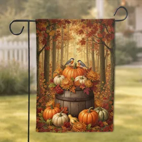 Rustic Barrel Pumpkins Gourds Autumn Leaves Birds Floral - Fall Harvest Season Home Decor Gift Garden Flag