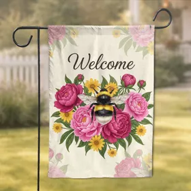 Welcome Bumblebee Peonies Yellow Blossoms - Home & Garden Decor Gift for Bee Lovers Garden Flag