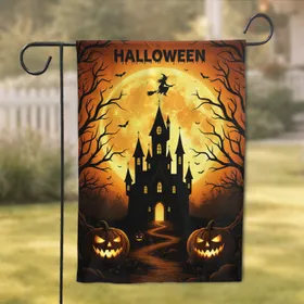 Haunted Gothic Castle Witch Full Moon Jack-O'-Lanterns - Halloween Decor Garden Flag