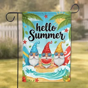 Hello Summer Gnomes Watermelon Surfboard Beach - Tropical Beach Day Decor Gift Garden Flag