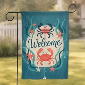 Welcome Script Crabs Starfish Sailboat Aquatic Scene - Beach House Welcome Gift Garden Flag