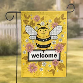 Cheerful Plump Bee Welcome Sign Pink Daisies Golden Leaves - Home Decor Gift Garden Flag