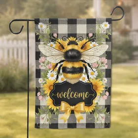 Bumblebee Welcome Plaque Buffalo Check Daisy - Farmhouse Decor Gift Garden Flag