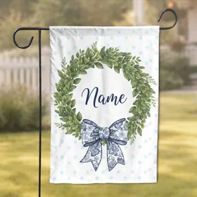 Green Botanical Wreath Chinoiserie Bow Personalized Name Light Blue Dots - Home Decor Gift Garden Flag