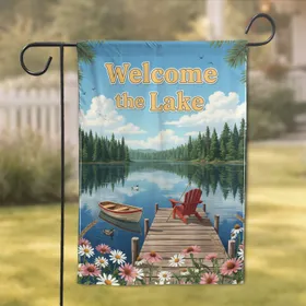 Welcome the Lake Rustic Dock Adirondack Chair - Lake House Decor Gift Garden Flag