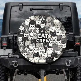 Stylized Cartoon Cats Cheerful Crowd Interlocking Faces - Everyday Cat Lover Gift Spare Tire Cover
