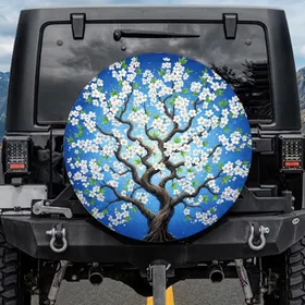 Blossoming Gnarled Tree Cerulean Sky - Nature Lover Spring Home Decor Gift Spare Tire Cover