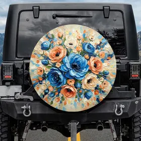 Deep Navy Sky Blue Peach Orange Impasto Flowers Buds Splashes - Everyday Vehicle Decor Spare Tire Cover