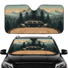 Vintage Camper Van Camping Tents Mountain Forest Road Trip Gift Car Sunshade