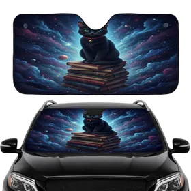 Black Cat Book Stack Cosmic Nebula - Road Trip Accessory for Cat Lover Car Sunshade