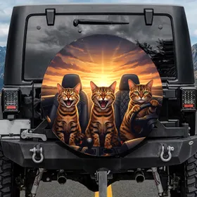 Three Bengal Cats Car Ride Sunset - Open Road Enthusiast Cat Lover Gift Spare Tire Cover