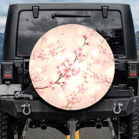 Prominent Cherry Blossoms Branch Numerous Flowers Luminous Atmospheric Bokeh Glows - Road Trip Decor Spare Tire Cover