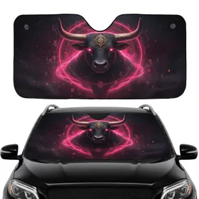 Imposing Bull Head Crimson Eyes Golden Horns Emblem Neon Rings - Car Interior Upgrade Car Sunshade