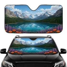 Pristine Glacial Mountain Lake Snowy Peaks Wildflowers Car Interior Upgrade Car Sunshade