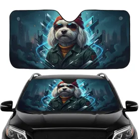 Fluffy White Dog Sunglasses Beanie Cityscape - Road Trip Travel Accessory Car Sunshade