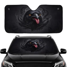 Wild-haired Black Crow Head Amber Eyes Red Tongue - Road Trip Essential Commute Upgrade Car Sunshade