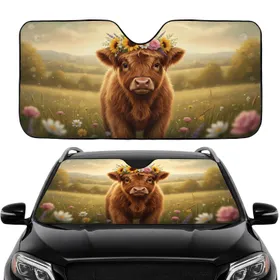 Baby Highland Calf Flower Crown Wildflower Meadow Road Trip Gift for Cow Lover Car Sunshade