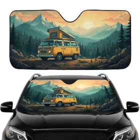 Retro Yellow Camper Van Mountain Forest Landscape - Road Trip Gift Car Sunshade