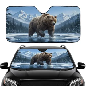 Majestic Grizzly Bear Snowy Mountain Icy River Forest - Wildlife Lover Road Trip Gift Car Sunshade