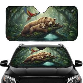Brown Bear Cub Macaw Tropical Rainforest Car Interior Upgrade Bear Lover Car Sunshade