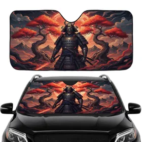 Samurai Warrior Mask Horned Helmet Ancient Trees Orange Moon - Car Interior Upgrade Car Sunshade