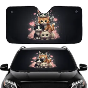 Four Cat Stack Green Eyes - Road Trip Gift for Cat Lover Car Sunshade