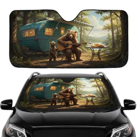 Brown Bear Guitar Travel Trailer Campsite - Road Trip Gift Car Sunshade