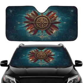 Compass Rose Feathers Tribal Celestial Ancient Map - Travel Essentials Road Trip Gift Car Sunshade