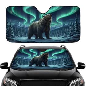 Grizzly Bear Howling Arctic Aurora Forest - Car Interior Upgrade Bear Lover Gift Car Sunshade