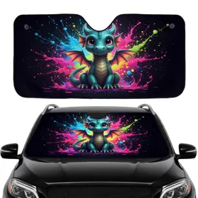 Pink Eyed Iridescent Wing Baby Dragon Paint Splatter Car Interior Upgrade for Travel Car Sunshade