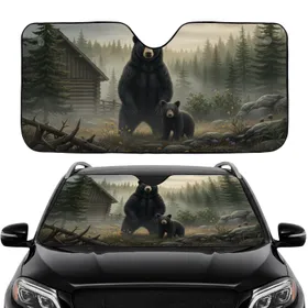 Black Bear Cub Ancient Forest Cabin Mist - Road Trip Gift Car Sunshade