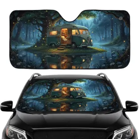 Teal Beige Vintage Camper Van Moonlit Forest Pond Night - Road Trip Gift for Travelers Car Sunshade