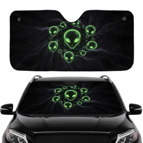 Neon Green Alien Heads Cosmic Dust Nebula - Car Interior Upgrade Sci-Fi Fan Gift Car Sunshade