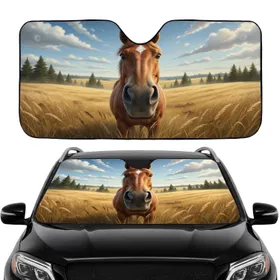 Friendly Brown Horse Golden Field Rural Landscape Road Trip Essentials for Horse Lovers Car Sunshade