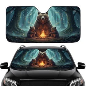 Brown Bear Cubs Campfire Enchanted Forest Wildlife Lover Gift Car Sunshade
