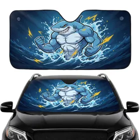 Muscular Cartoon Shark Flexing Arms Ocean Waves Energy Streaks - Car Interior Upgrade Car Sunshade