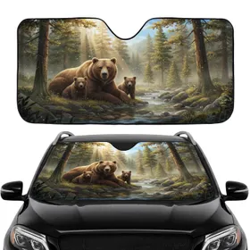 Mother Grizzly Bear Two Cubs Forest Stream Sunlit Woods - Wildlife Lover Car Interior Upgrade Car Sunshade