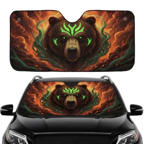Determined Tribal Bear Head Glowing Green - Commute Accessory Bear Lover Gift Car Sunshade