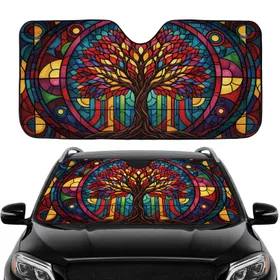 Vibrant Stained Glass Tree Geometric Organic Panels - Car Interior Upgrade Road Trip Car Sunshade