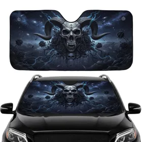 Demonic Skull Ram Horns Black Roses - Car Interior Upgrade Car Sunshade